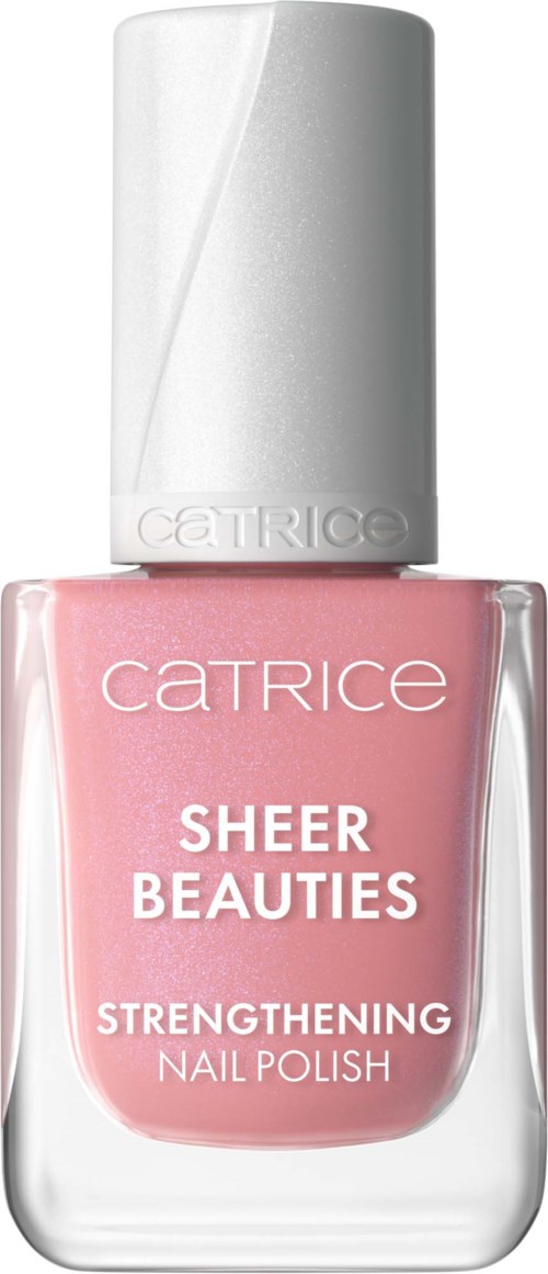 Ljusrosa nagellackflaska märkt 'Catrice Sheer Beauties Strengthening Nail Polish'.
