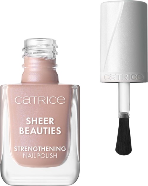 Ljusrosa nagellack i en genomskinlig flaska med borste och vit lock. Etiketten säger Sheer Beauties.