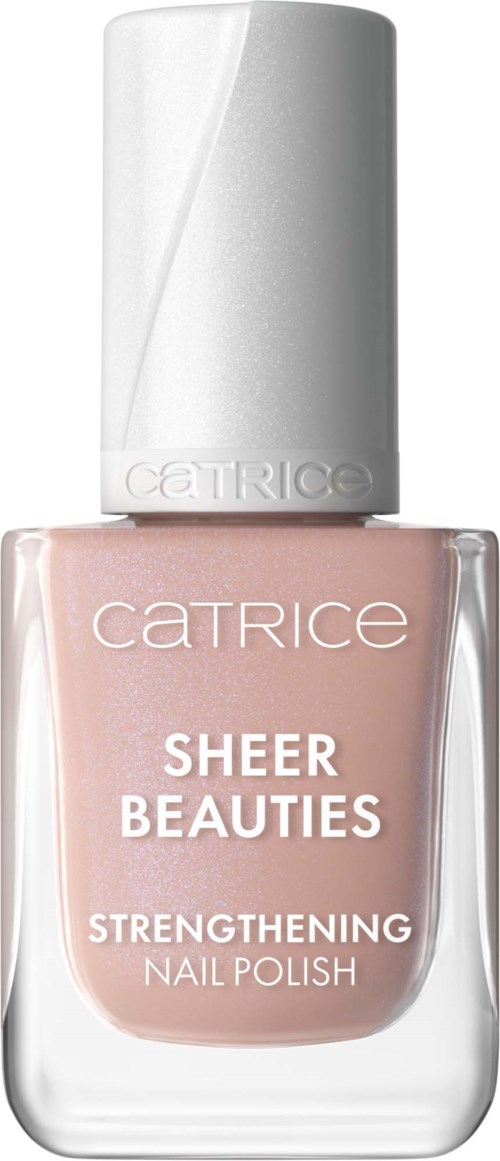 En flaska med Catrice Sheer Beauties Strengthening Nagellack, med ljus rosa lack och vit flaska.