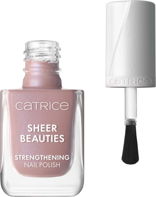 Rosa nagellackflaska med vit kork och borste, märkt 'Catrice Sheer Beauties Strengthening Nail Polish'.