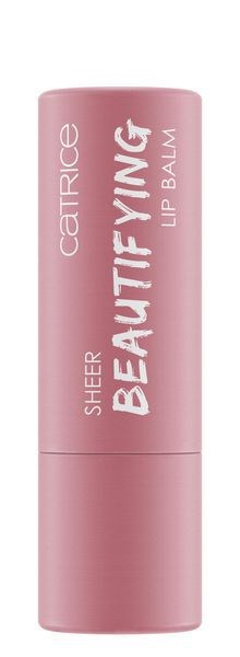 Różowa szminka w tubce z białym tekstem: 'Catrice Sheer Beautify Lip Balm.