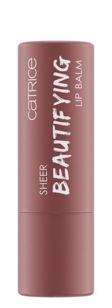 Różowa tubka balsamu do ust z białym tekstem, oznaczona 'Catrice Sheer Beautifying Lip Balm'.
