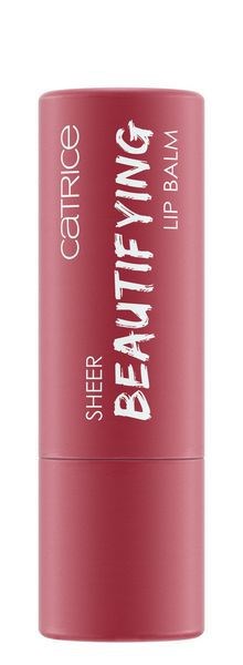 Różowa tubka balsamu do ust z białym i różowym tekstem, oznaczona 'Catrice Sheer Beautifying Lip Balm.'