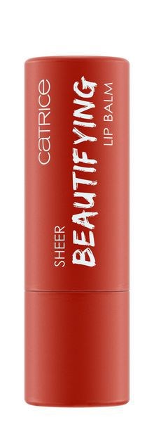 Czerwony sztyft balsamu do ust z białym tekstem: "Catrice Sheer Beauty Fying Lip Balm."