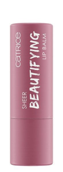 Różowa tubka balsamu do ust z napisem 'Catrice Sheer Beautifying Lip Balm'.