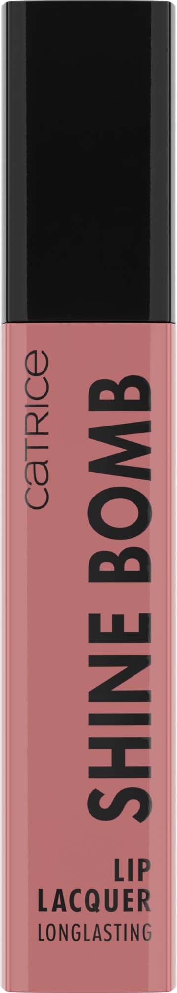 Roze lipglossbuis met zwarte dop, gelabeld "Shine Bomb" en "Lip Lacquer Longlasting".