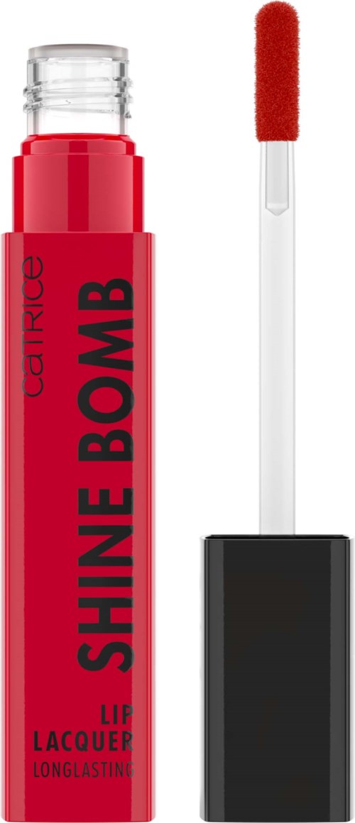 Sterk rød leppestift med hvit applikator, etiketten sier 'SHINE BOMB' og 'LONG LASTING'.
