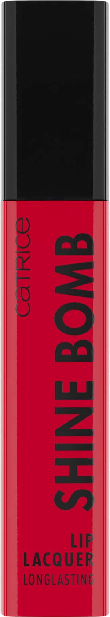 Rødt leppeglose rør med svart hette, merket 'SHINE BOMB' og 'LIP LACQUER LONG-LASTING' i fet skrift.