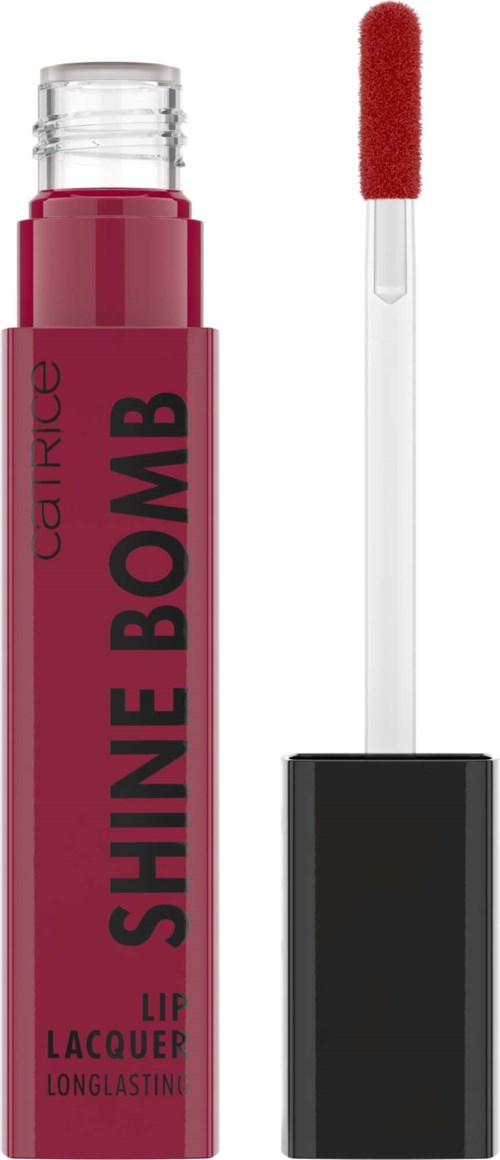 A liquid lipstick with a bright pink color and a black cap, with a doe-foot applicator.