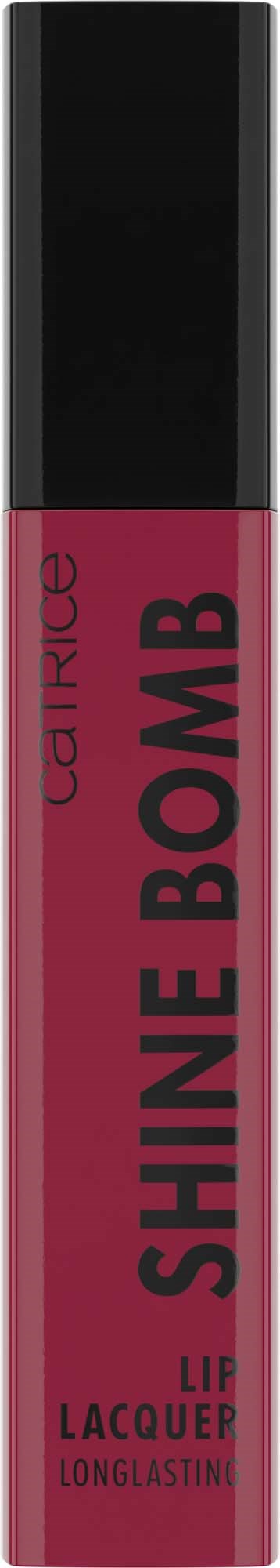 A lipstick tube in red and black colors with the words 'SHINE BOMB' written on it. It is from Caricrie.