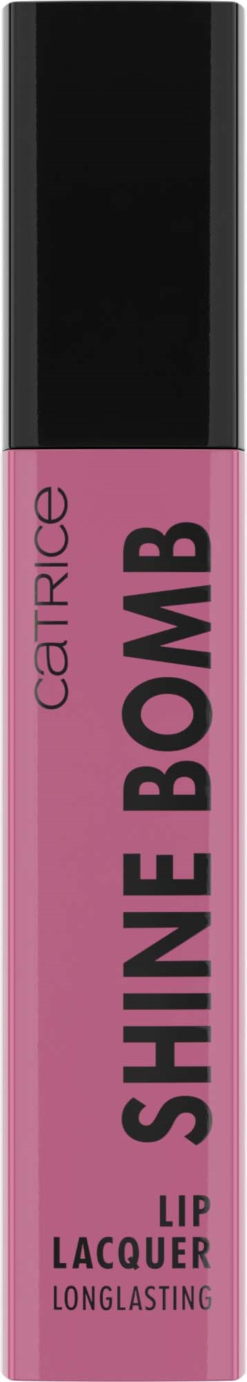 En rosa leppeglansflaske med svart hette, merket "SHINE BOMB" og "catrice".