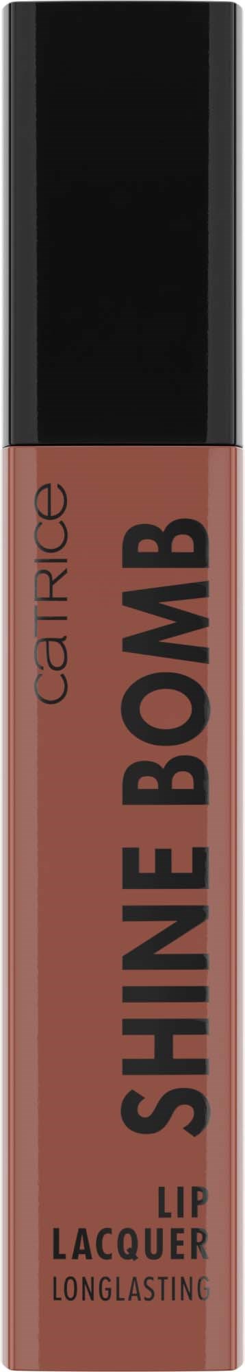 Leppeglansrør med svart hette, etiketten sier 'SHINE BOMB' i store bokstaver, og merket 'catrice'.