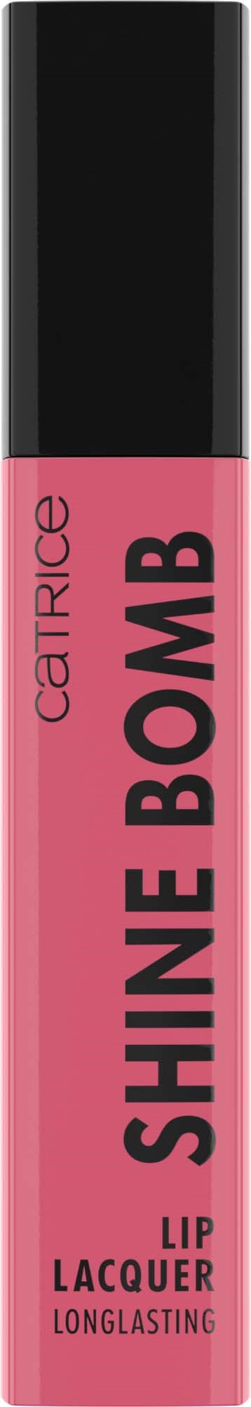 En rosa leppeglansflaske med svartlokk, merket 'Shine Bomb' og 'Lip Lacquer Longlasting' fra Catrice.