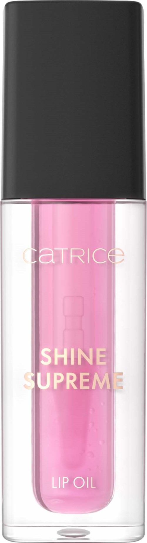Błyszczyk do ust w przezroczystej tubce z czarną nakrętką, oznaczony Catrice Shine Supreme Lip Oil w różowym kolorze.