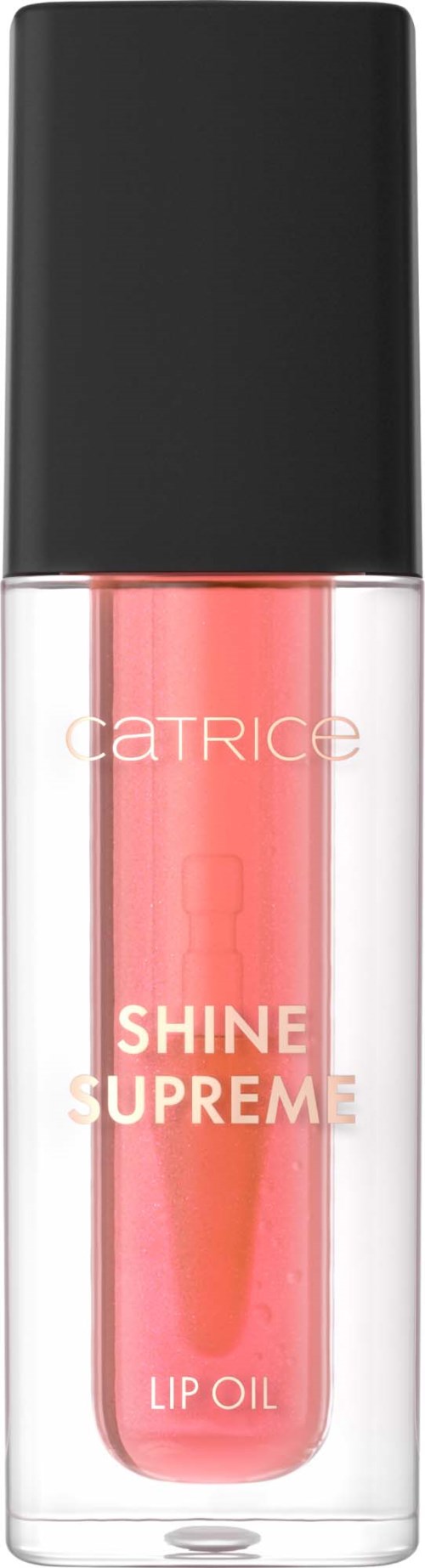 Przezroczysty olejek do ust z czarną nakrętką i różowym produktem, oznaczony Catrice Shine Supreme Lip Oil.