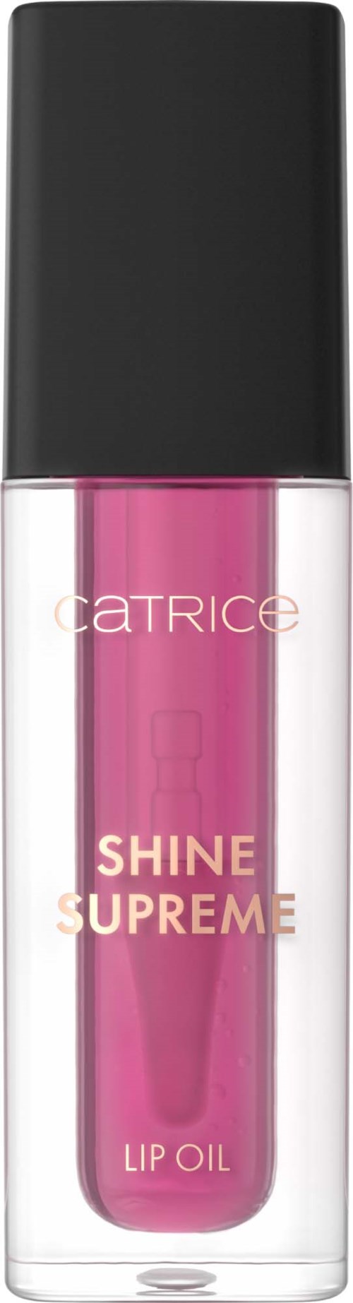 Różowy olejek do ust w przezroczystej butelce z czarną zakrętką, opisany Catrice Shine Supreme Lip Oil.