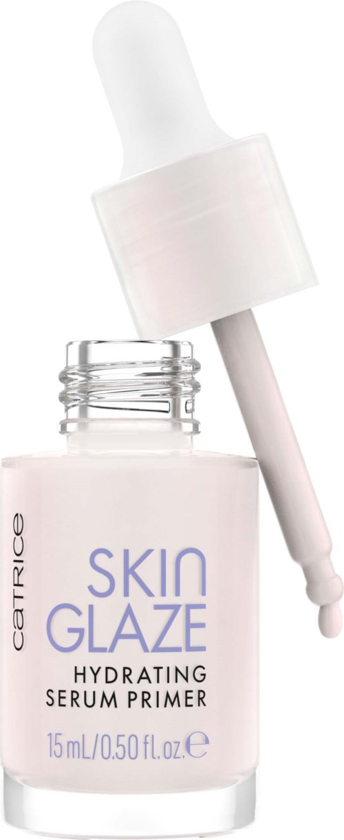 En liten flaska med pipettlock, märkt "Skin Glaze Hydrating Serum Primer" i mjuka färger.