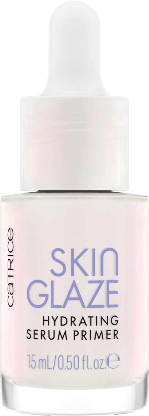 En liten vit flaska med droppkapsel märkt 'Skin Glaze Hydrating Serum Primer' i mjuka färger.