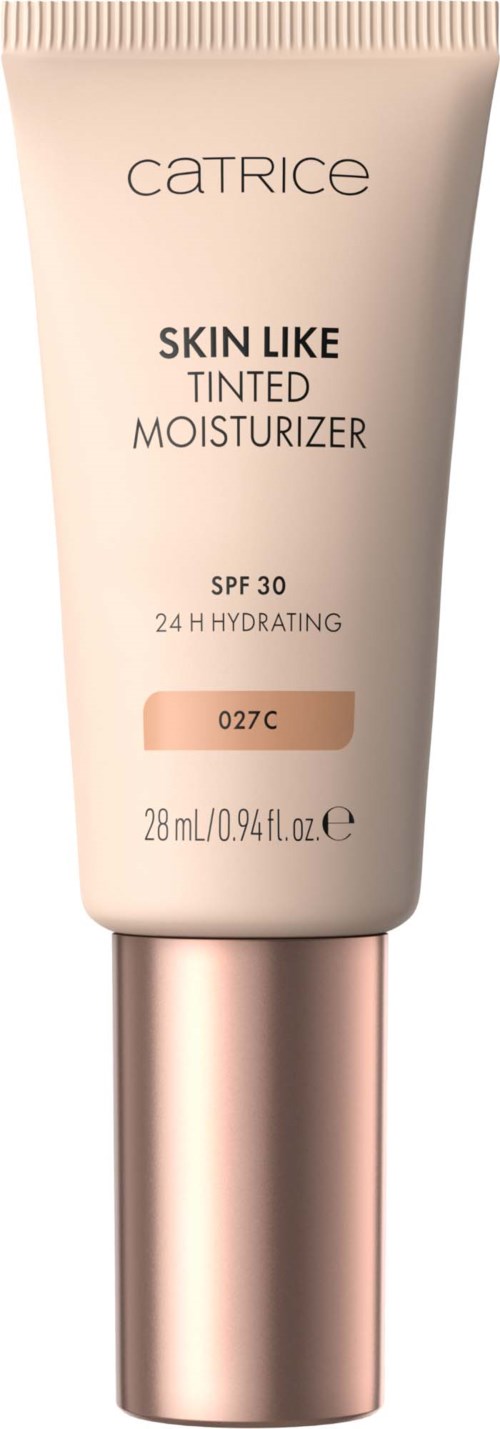 En tub med Catrice tonad fuktkräm märkta 'Skin Like', med SPF 30 och storlek 28 ml, avsedd för återfuktning.