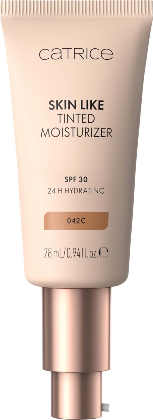 En tube med Catrice Skin Like Tinted Moisturizer med SPF 30, 28 ml, ljus beige färg och återfuktande egenskaper.