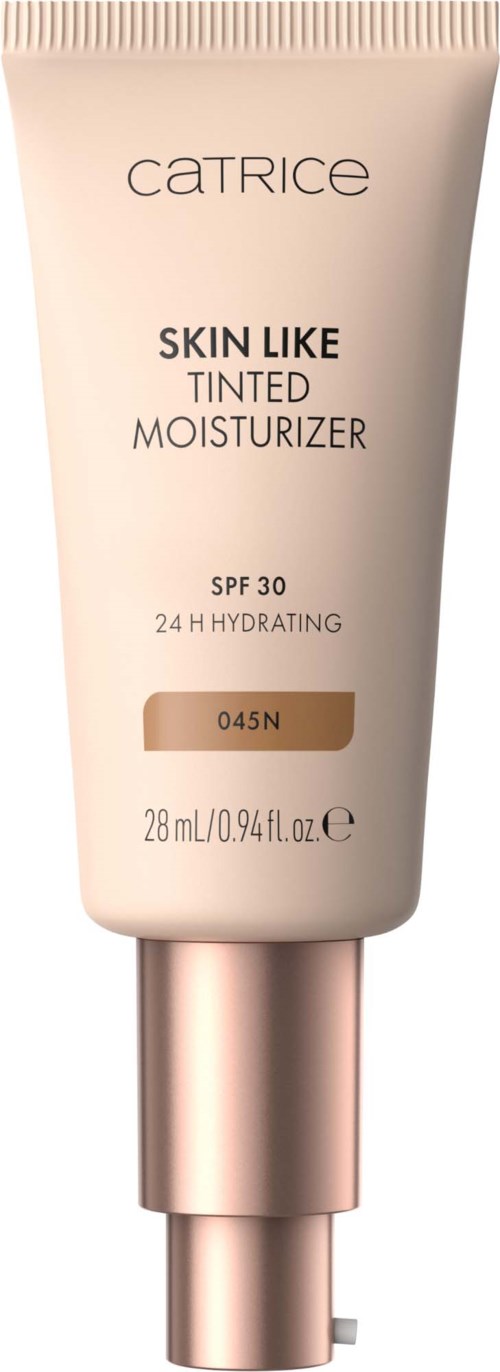 En tub med Catrice Skin Like Tinted Moisturizer med SPF 30, 28 ml, i nyansen 045N. Den är avsedd för återfuktning.