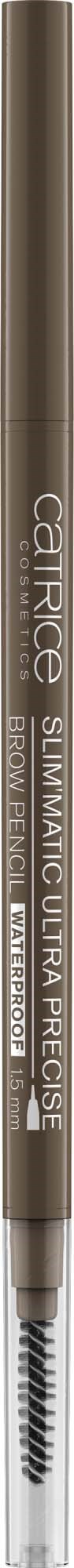 En lång brun makeup-penna med en tunn spets och en spiralborste i slutet, märkt "Catrice Slimmatic Ultimate Powder."