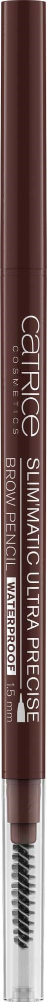 Een bruine make-up potlood met een spiraalpunt en een bruine body, gelabeld 'Catrice'.