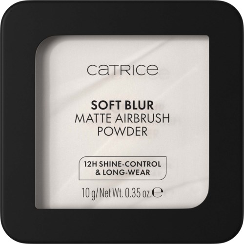 Ett makeup-puder i svart ram med vitt puder inuti. Texten beskriver produkten som mjuk suddig matte luftburkspuder.