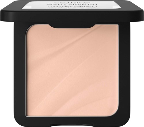 Ett kompaktpuder med ljusbeige pulver inuti, svart ram och ett tydligt fönster upptill.