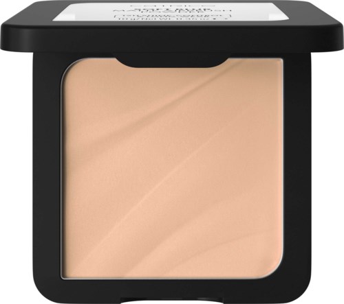En liten rouge eller ansiktspuder i ett svart fodral med ett tydligt fönster som visar den ljusbeige produkten.