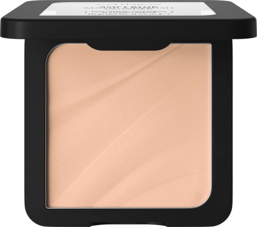 En liten makeup-puder med svart hölje och beige pulver inuti.