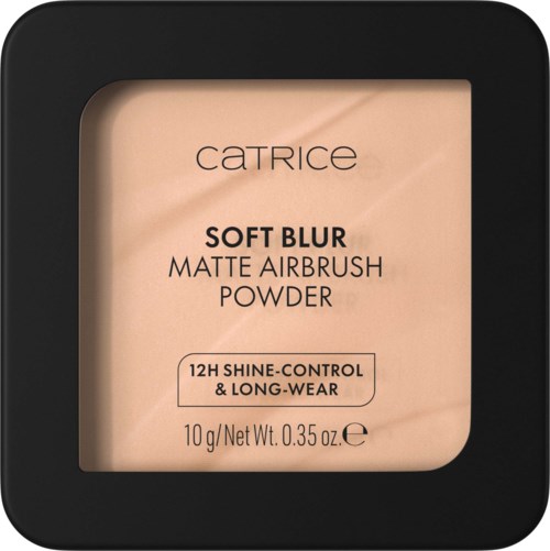 En sminkprodukt i ett svart fyrkantigt fall med ett tydligt fönster som visar beige puder inuti.