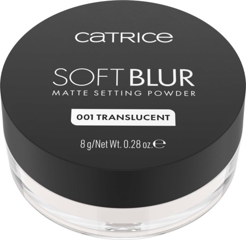 A round black container of Catrice Soft Blur matte setting powder with white text, saying the shade '01 Translucent'.