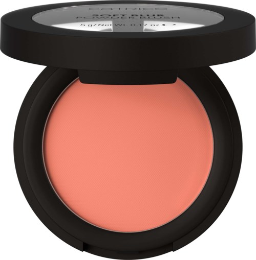 En rund blush-kontakt med lys rosa farge inni og svart lokk med merket 'Huda Beauty.'