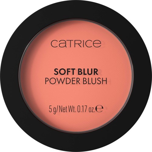 Rund blush-beholder med ferskenfarget puddermerke, svart kant og merkenavnet Catrice øverst.