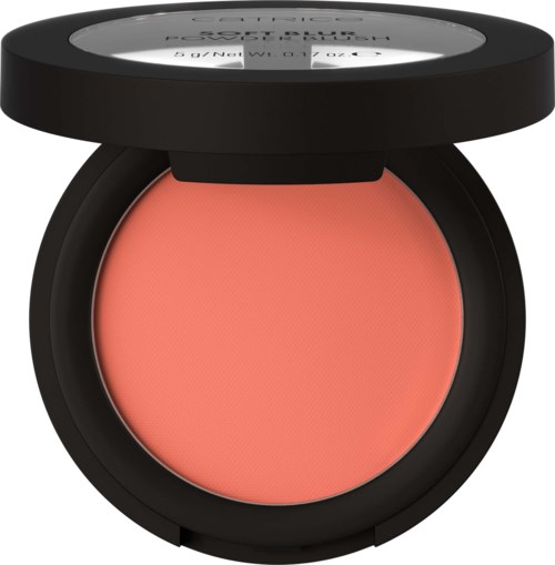 En rund, ferskenfarget blush i en svart kompakt med klar lokk og produktnavn. Klar til bruk på kinnene.