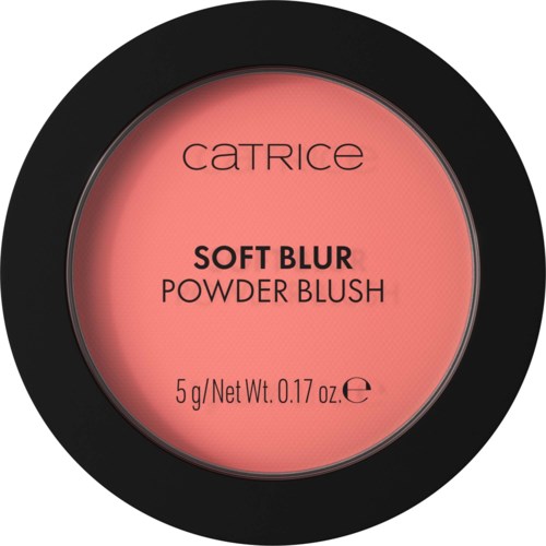 En kompakt rund blush-beholder med rosa farge og svart kant, merket 'Catrice Soft Blur Powder Blush'.