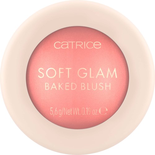 En rund blush-emballasje merket 'Catrice Soft Glam Baked Blush' med en rosa farge inni.