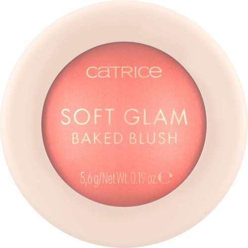 En rund rødmebeholder med rosa farge og hvit tekst, merket "Catrice Soft Glam Baked Blush."