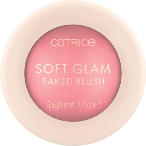 En rund blush-emballasje med rosa sminke inni, merket "Catrice Soft Glam Baked Blush" og vektopplysninger.