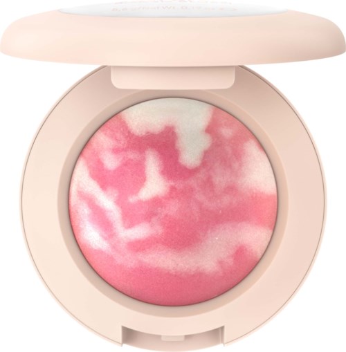 Pink and white marbled face powder in a light pink round compact.