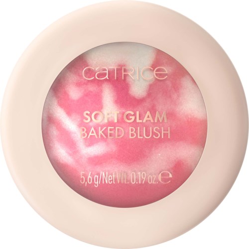 Catrice Soft Glam Baked Blush in a white round container with pink and white swirled design on the lid.