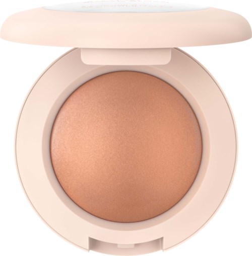 A compact powder blush in a round, beige case with a lid slightly open, showing peach-colored makeup.