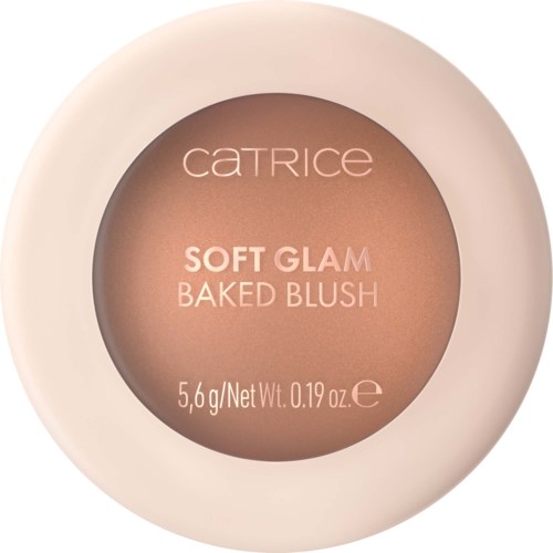 Catrice Soft Glam baked blush in a beige compact with brownish pink powder. Text shows product name and weight 5.6 grams.
