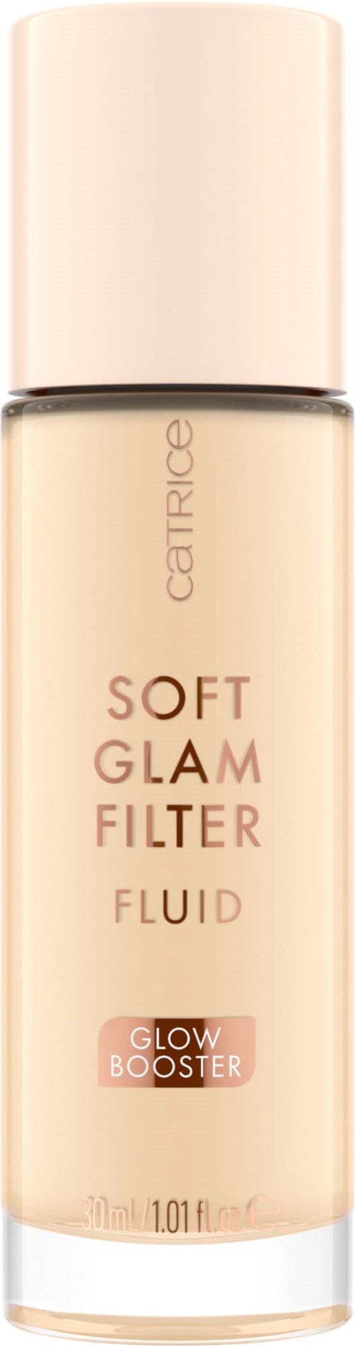 Beige pullo, jossa vaaleanpunainen korkki, ja lukee 'Catrice Soft Glam Filter Fluid' ja 'Glow Booster'.