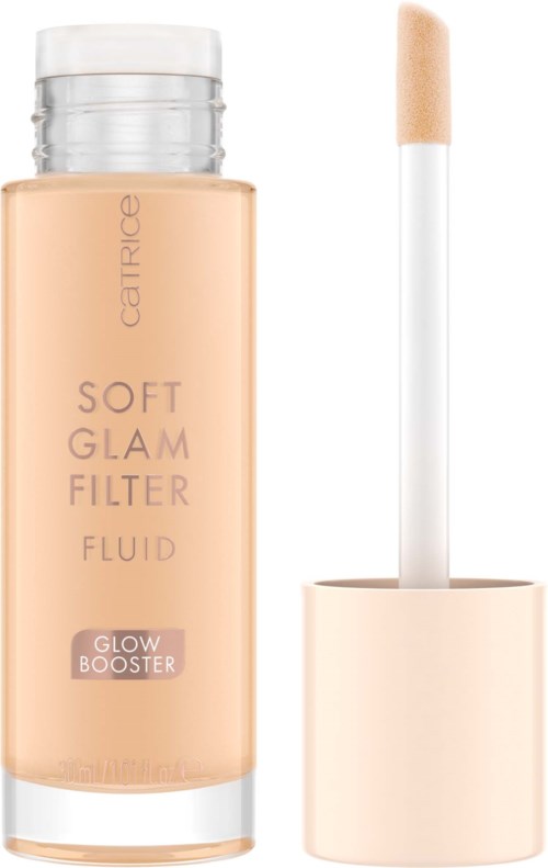 Kasvomaalipullo, jossa on aplikaattori, nimeltä 'Soft Glam Filter Fluid' ja 'Glow Booster' kasvoille.