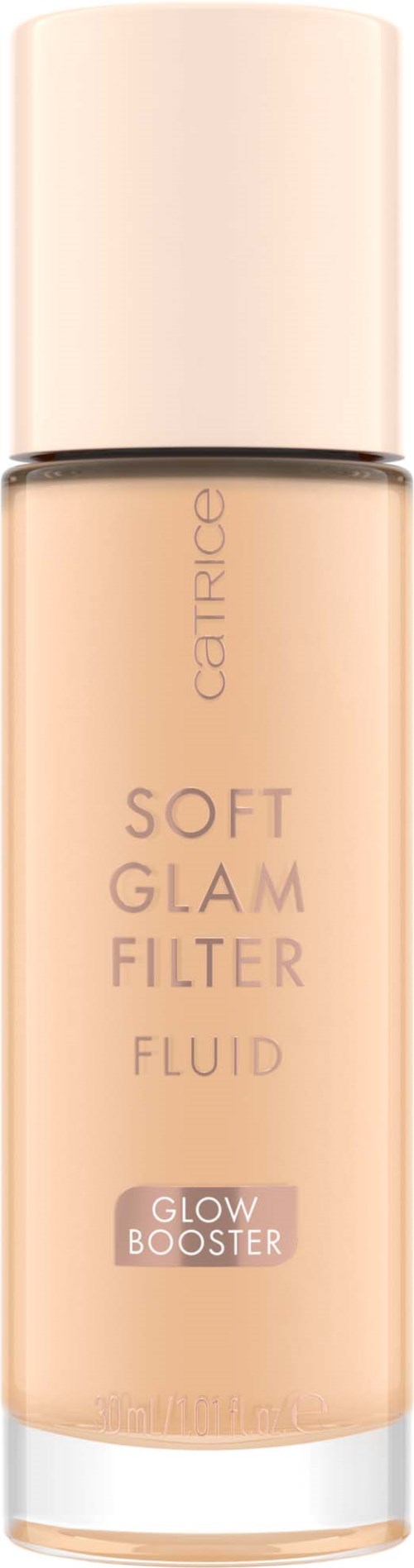 Beige lasi, jossa on korkki, sisältää Catricé Soft Glam Filter Fluid -nimen ja Glow Booster -merkinnän.