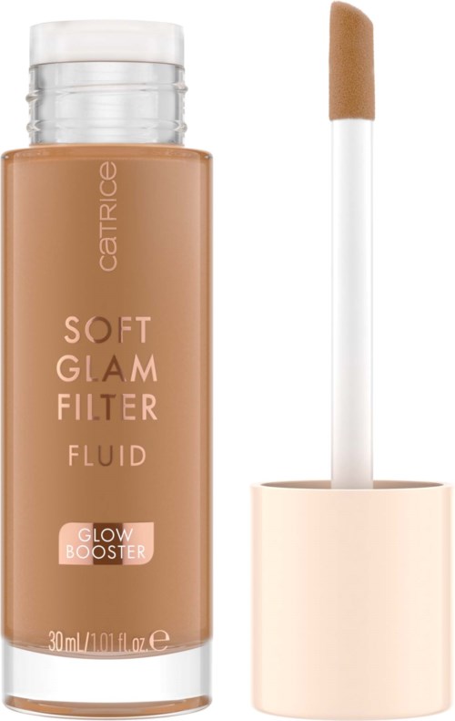 Meikkivoidesäiliö jeesittimellä, merkinnöillä 'Soft Glam Filter' ja 'Glow Booster', beige ja valkoinen.
