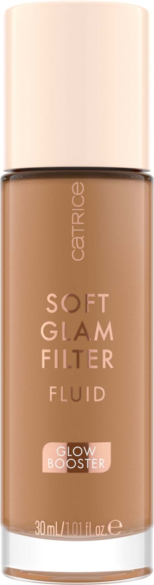 Pullon Catrice Soft Glam Filter Fluid, vaaleanpunainen korkki ja beige vartalo. Merkinnässä lukee glow booster ja SPF.