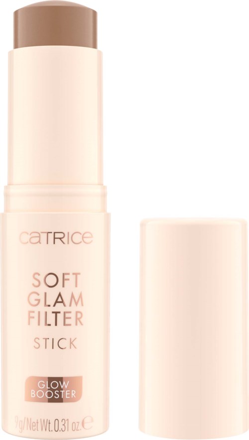 Ein Stick-Produkt mit beigem Deckel und hellrosa Tube, beschriftet mit 'Catrice Soft Glam Filter Stick' und 'Glow Booster'.